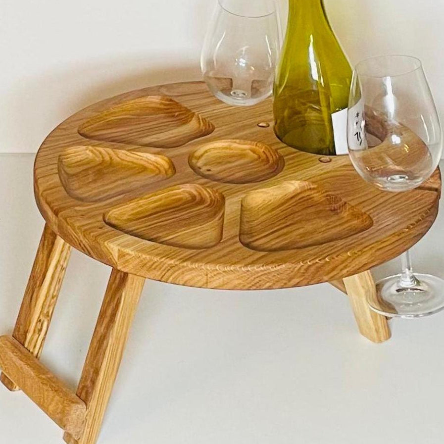 Weintisch Picknicktisch für Zwei aus Eiche Klappbar Tragbar Serviertablett Couchbar Strand Wein Käse Geburtstag Hochzeitsgeschenk Weihnachten
