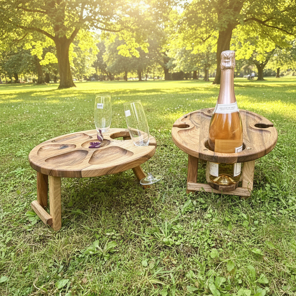Klappbarer Weintisch aus Nussbaum – Handgefertigtes Serviertablett für Picknick & Zuhause
