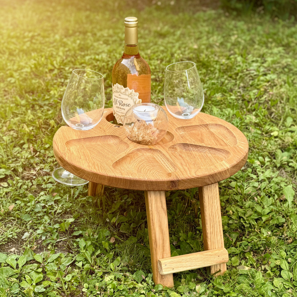 Weintisch Picknicktisch für Zwei aus Eiche Klappbar Tragbar Serviertablett Couchbar Strand Wein Käse Geburtstag Hochzeitsgeschenk Weihnachten