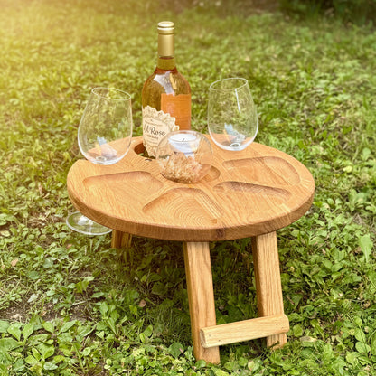 Weintisch Picknicktisch für Zwei aus Eiche Klappbar Tragbar Serviertablett Couchbar Strand Wein Käse Geburtstag Hochzeitsgeschenk Weihnachten