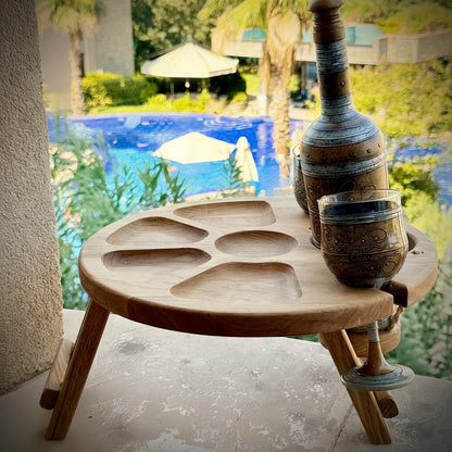 Weintisch Picknicktisch für Zwei aus Eiche Klappbar Tragbar Serviertablett Couchbar Strand Wein Käse Geburtstag Hochzeitsgeschenk Weihnachten