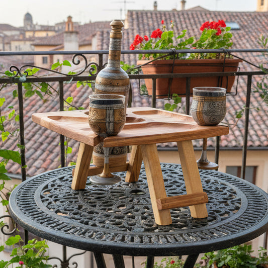 Personalisierter Weintisch aus Eichenholz – Klappbarer Picknicktisch & Couchbar mit Flaschenhalter