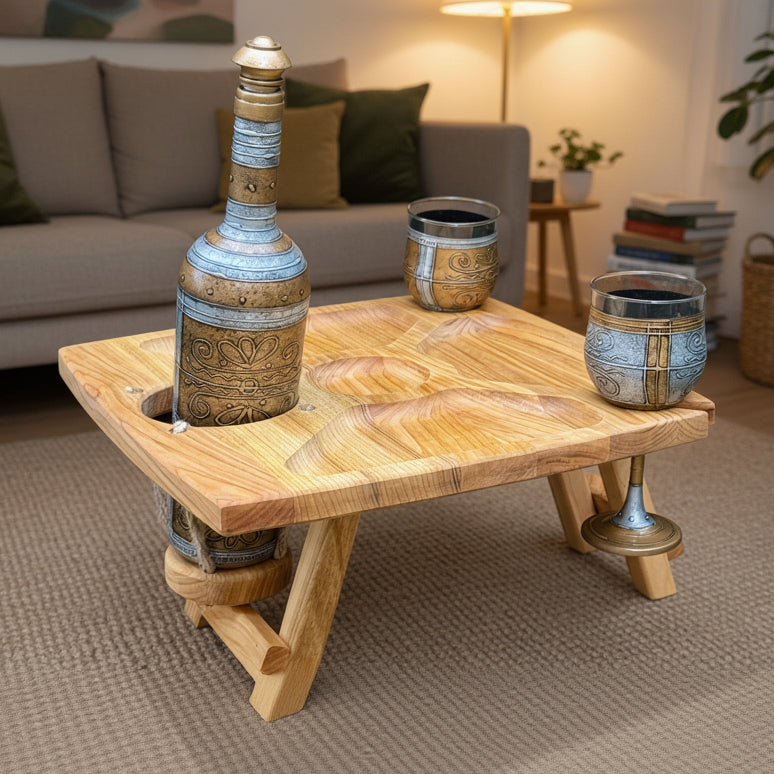 Personalisierter Weintisch aus Eichenholz – Klappbarer Picknicktisch & Couchbar mit Flaschenhalter