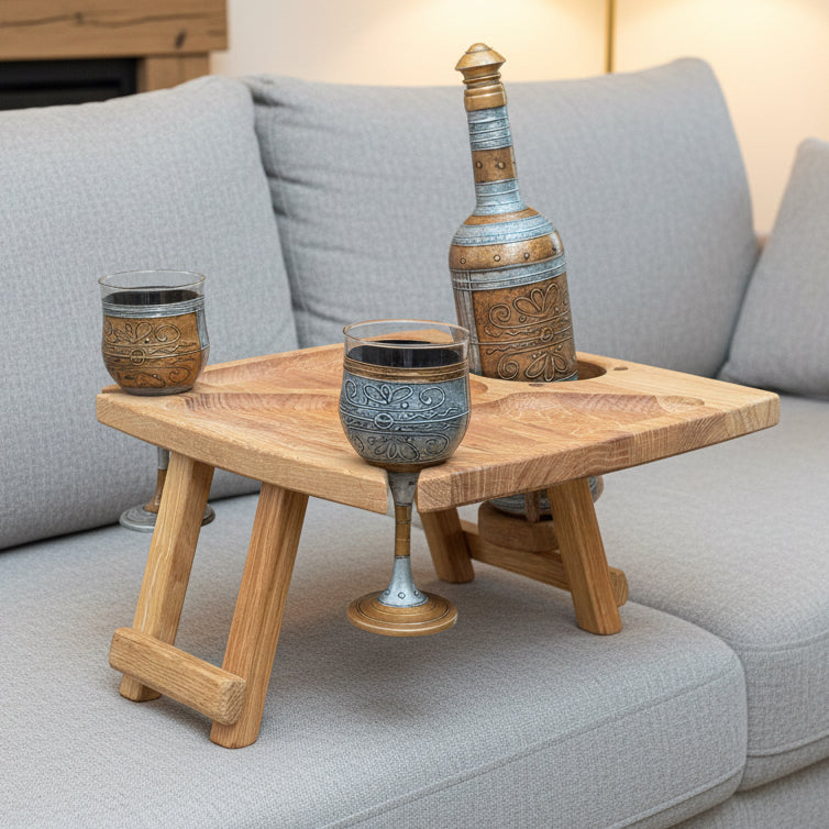 Personalisierter Weintisch aus Eichenholz – Klappbarer Picknicktisch & Couchbar mit Flaschenhalter