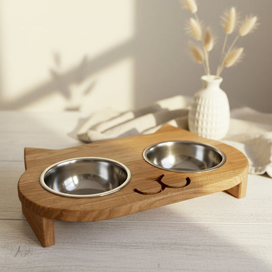 Erhöhte Futterstation für Katzen aus Eiche mit zwei Edelstahlnäpfe, personalisierbar