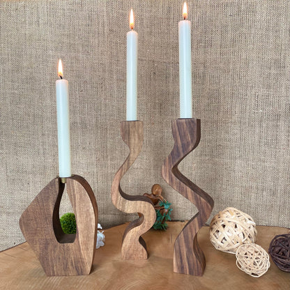 Kerzenhalter 3er-Set aus Nussbaumholz – Handgefertigte Holzkerzenständer im Vintage-Stil