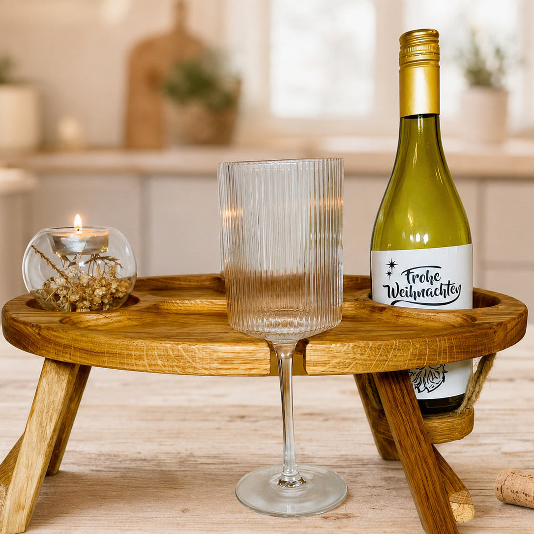 Klappbarer Weintisch aus Eichenholz für 2 Gläser – Picknicktisch mit hängendem Flaschenhalter, Geschenk für Weinliebhaber