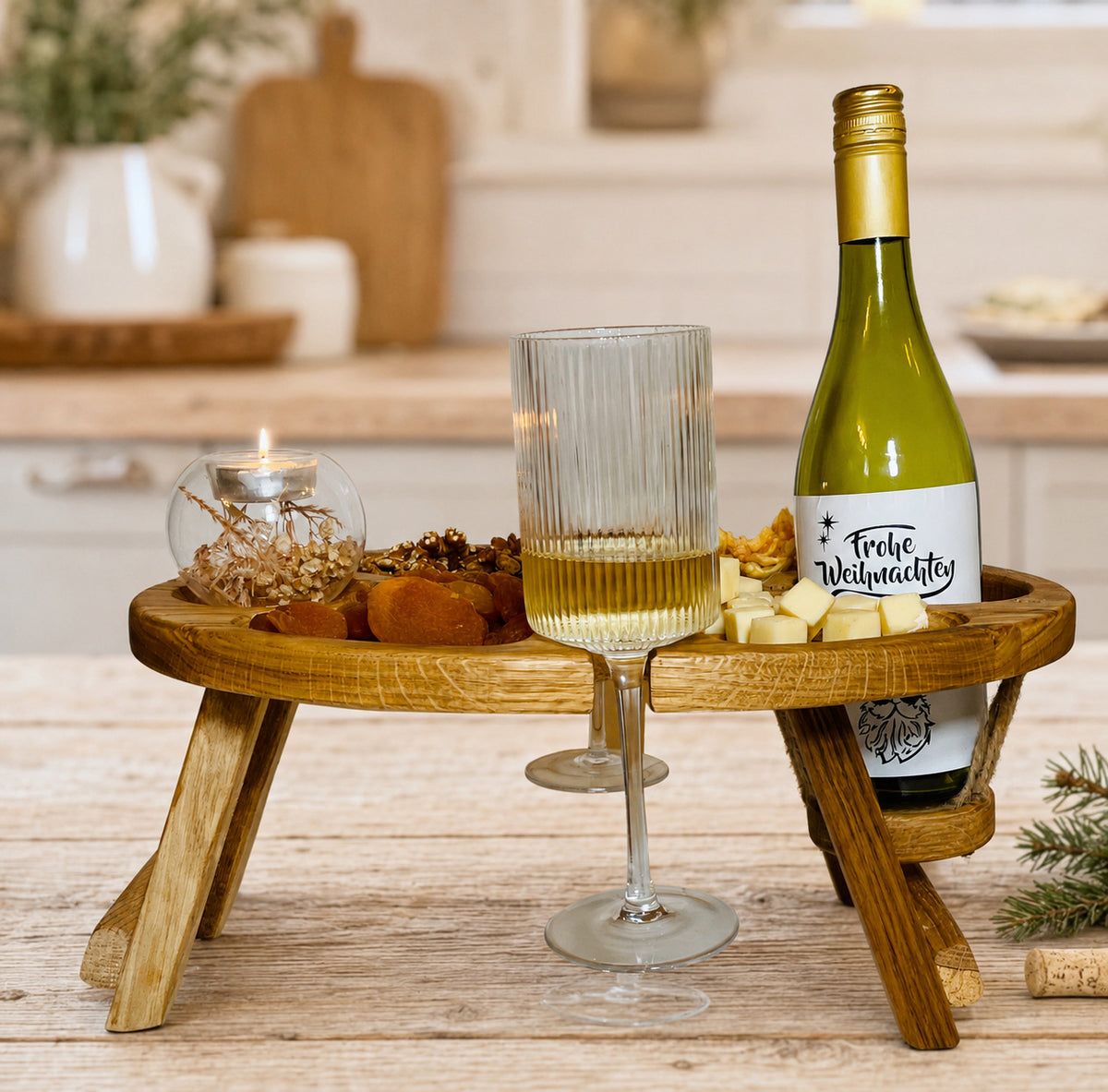 Klappbarer Weintisch aus Eichenholz für 2 Gläser – Picknicktisch mit hängendem Flaschenhalter, Geschenk für Weinliebhaber
