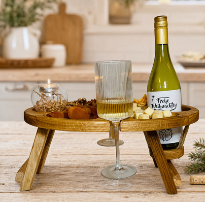 Klappbarer Weintisch aus Eichenholz für 2 Gläser – Picknicktisch mit hängendem Flaschenhalter, Geschenk für Weinliebhaber