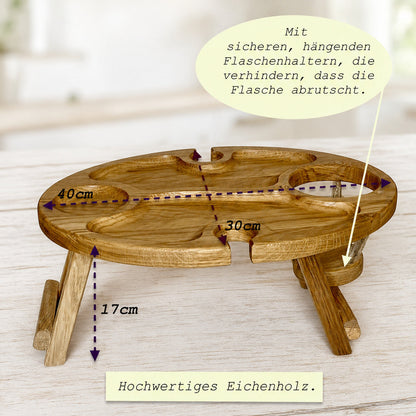 Klappbarer Weintisch aus Eichenholz für 2 Gläser – Picknicktisch mit hängendem Flaschenhalter, Geschenk für Weinliebhaber