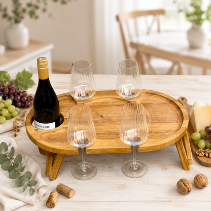 Weinabend auf 50 × 30 cm – Weintisch für 4 Gläser aus Eiche, Picknicktisch mit Flaschenhalter