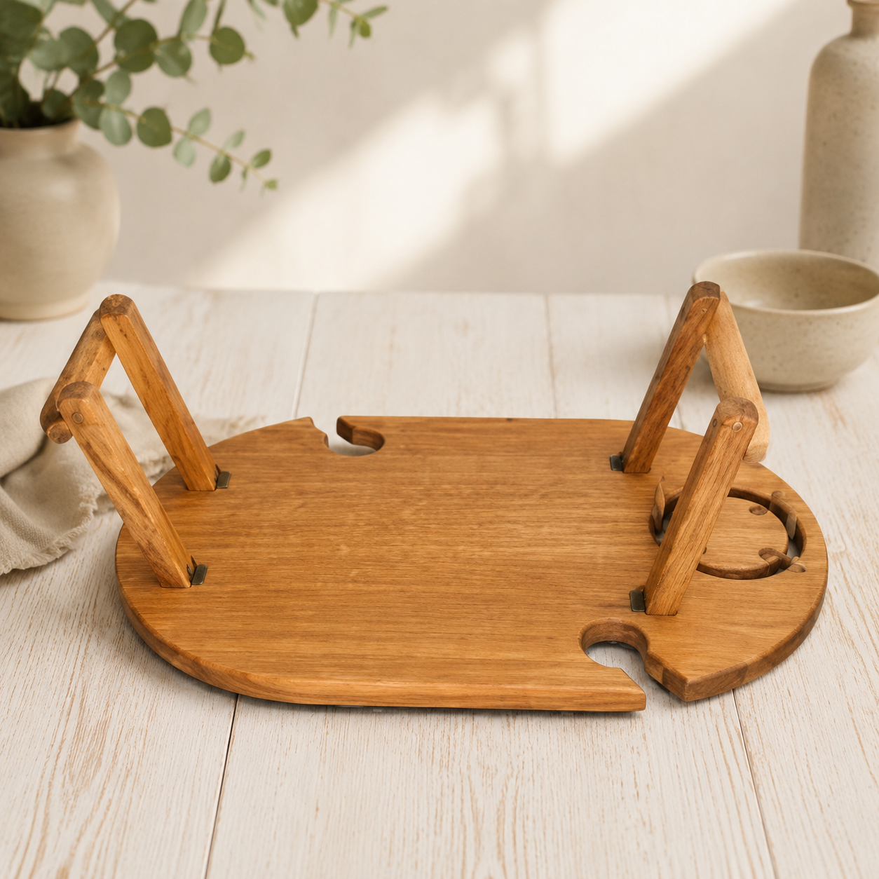 Picknicktisch aus Eichenholz, Weintisch mit 2 Glashaltern, Serviertablett mit Beinen 50 × 30 × 17 cm, Charcuterie-Brett, Couchbar klappbar