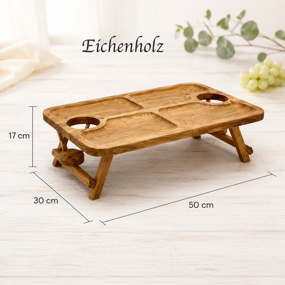 Biertisch, Campingtisch aus Eichenholz klappbar – mit 2 Flaschenhaltern und Snackfächern