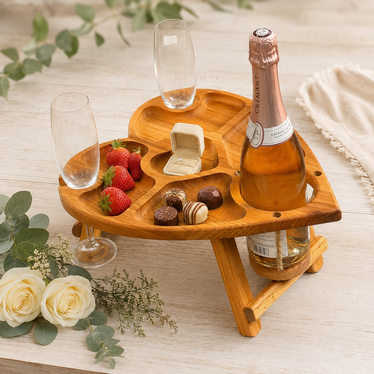 Klappbarer Weintisch aus Kirschbaumholz für eine Flasche und zwei Gläser, Picknicktisch, Couchbar, Campingtisch Wein, Strandtisch