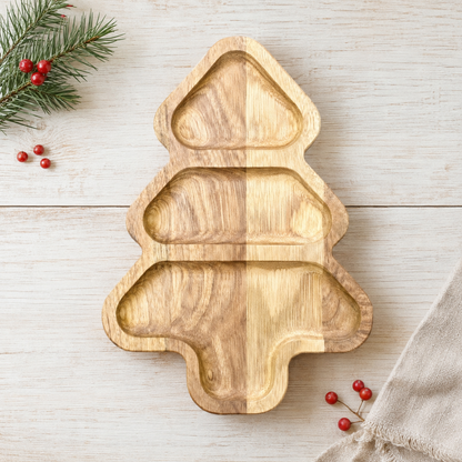 Holzteller, Tannenbaum-Servierplatte aus Eichenholz mit drei Fächern. Ideal für Plätzchen, Nüsse, Pralinen und Weihnachtssnacks.