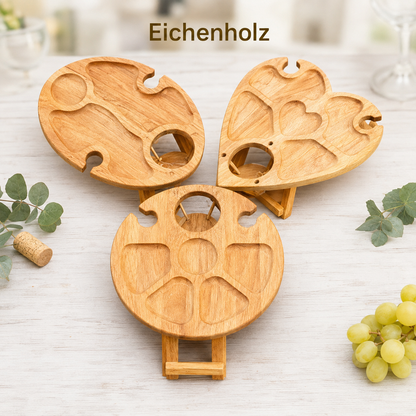 Weinbar aus Eiche – klappbarer Picknicktisch mit Flaschenhalter & 2 Glashaltern, Geschenk für Paare