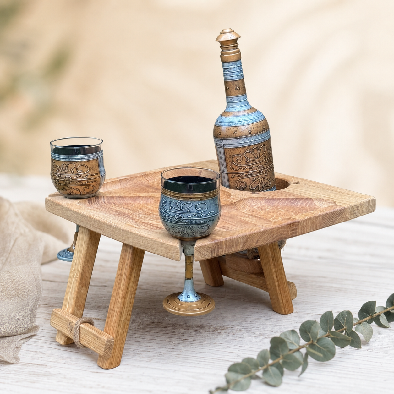 Klappbarer Weintisch für 2 Gläser & Flasche – Picknicktisch aus Edelholz mit Snackfächern