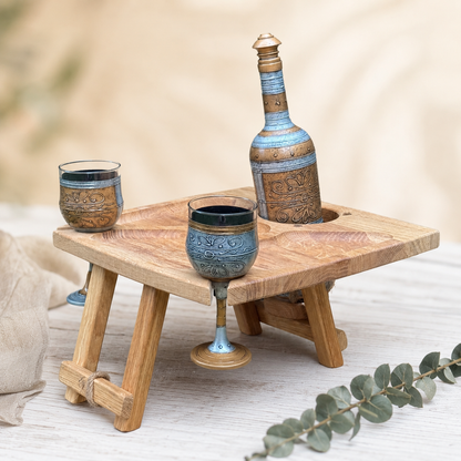 Klappbarer Weintisch für 2 Gläser & Flasche – Picknicktisch aus Edelholz mit Snackfächern