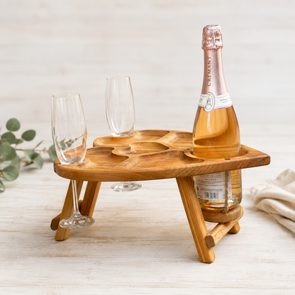 Klappbarer Weintisch aus Kirschbaumholz für eine Flasche und zwei Gläser, Picknicktisch, Couchbar, Campingtisch Wein, Strandtisch