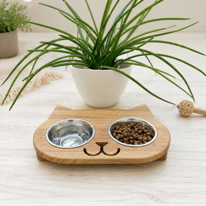 Erhöhte Futterstation für Katzen aus Eiche mit zwei Edelstahlnäpfe, personalisierbar