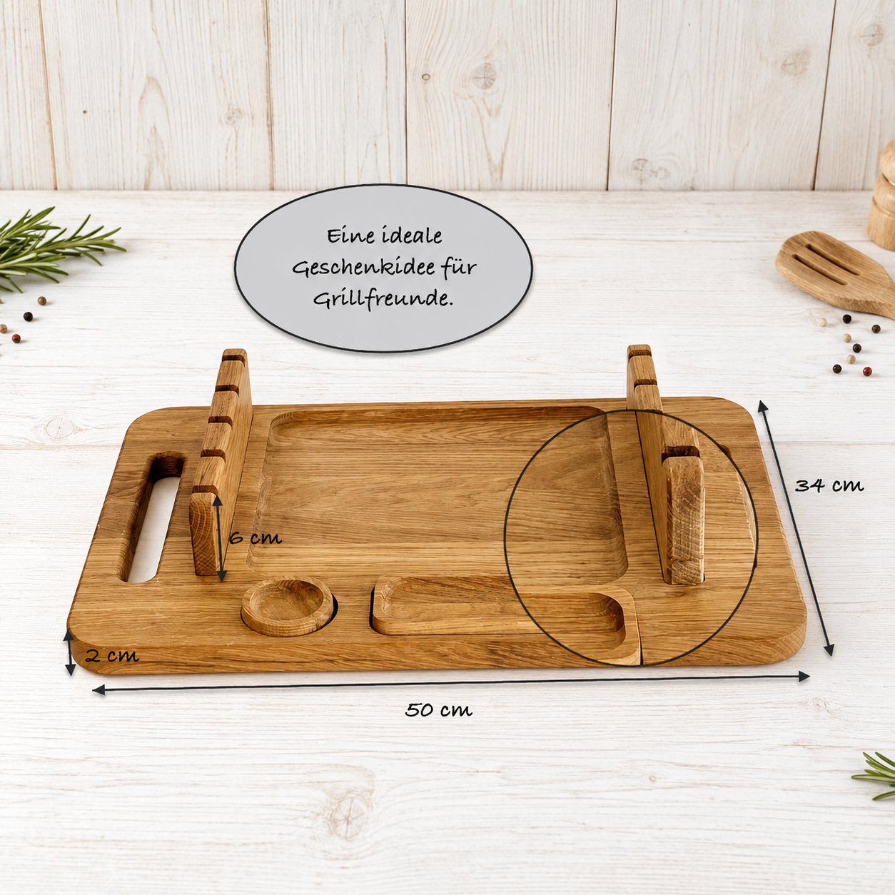 Schaschlikbrett aus Eichenholz 50 × 34 cm – Grillbrett mit Spießhaltern, Soßenschale und Zwiebelbrett