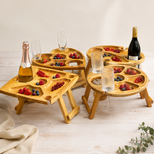 Klappbarer Weintisch aus Kirschbaumholz für eine Flasche und zwei Gläser, Picknicktisch, Couchbar, Campingtisch Wein, Strandtisch