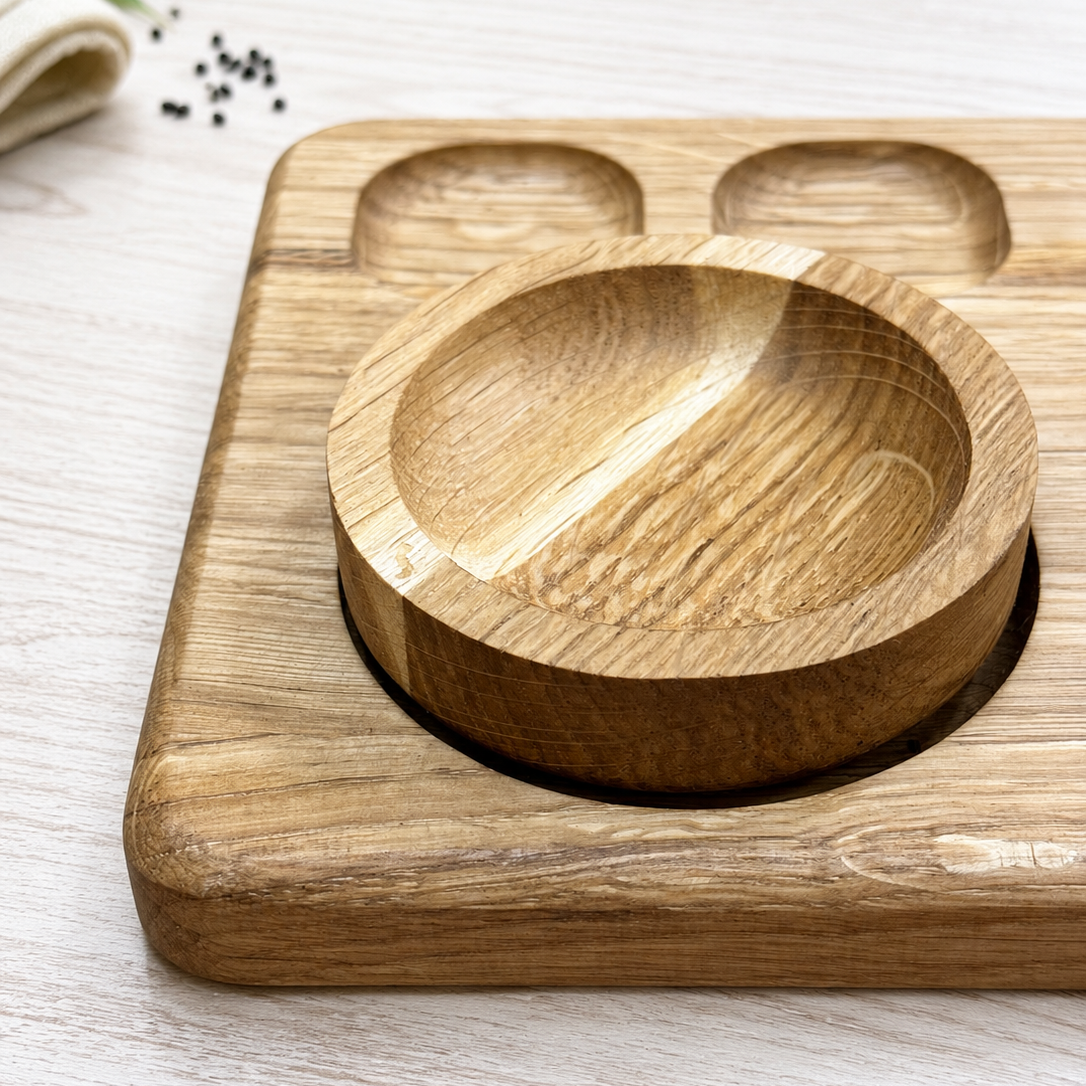 Sushi-Brett-Set aus Eichenholz – Servierbrett mit Sojaschale und Essstäbchen, 35 cm