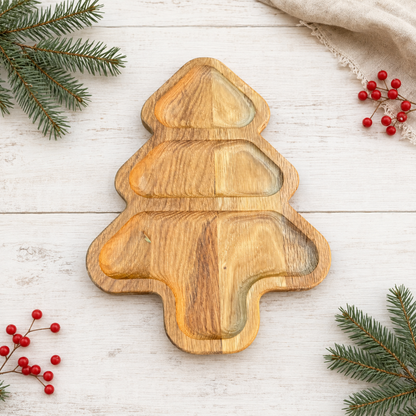 Holzteller, Tannenbaum-Servierplatte aus Eichenholz mit drei Fächern. Ideal für Plätzchen, Nüsse, Pralinen und Weihnachtssnacks.