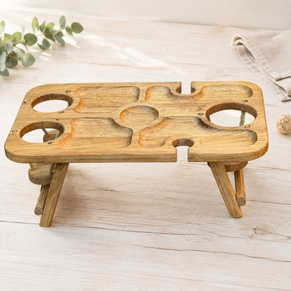 Klappbare Picknick-Bar aus Eiche – Getränketisch für 3 Flaschen oder Dosen, 2 Weingläser & Snacks
