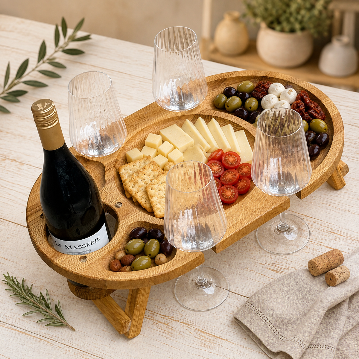 Weinabend auf 50 × 30 cm – Weintisch für 4 Gläser aus Eiche, Picknicktisch mit Flaschenhalter