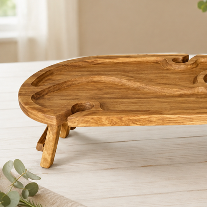Picknicktisch aus Eichenholz, Weintisch mit 2 Glashaltern, Serviertablett mit Beinen 50 × 30 × 17 cm, Charcuterie-Brett, Couchbar klappbar