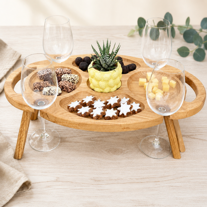 Klappbarer Weintisch für 4 Gläser aus Eiche – Picknicktisch mit Snackfächern und optionaler Gravur