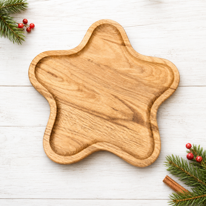 Holzteller Stern – Servierbrett aus Eiche 30 cm – Weihnachtliche Snackplatte für Plätzchen, Nüsse, Pralinen, Käse.