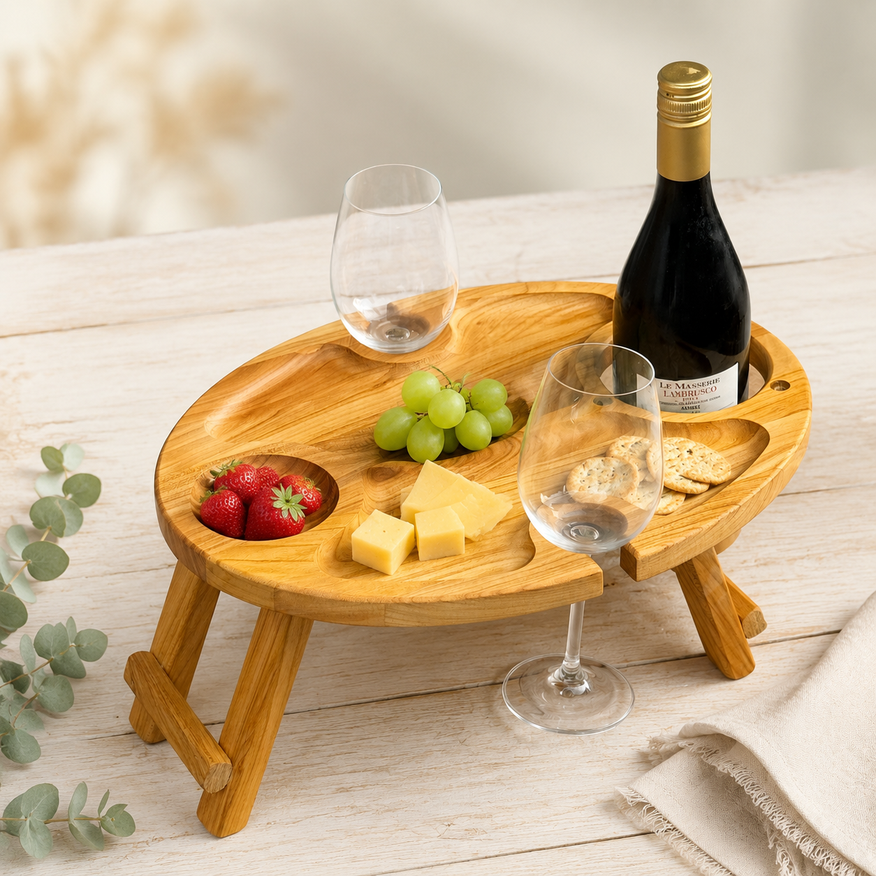 Klappbarer Weintisch aus Kirschbaumholz für eine Flasche und zwei Gläser, Picknicktisch, Couchbar, Campingtisch Wein, Strandtisch
