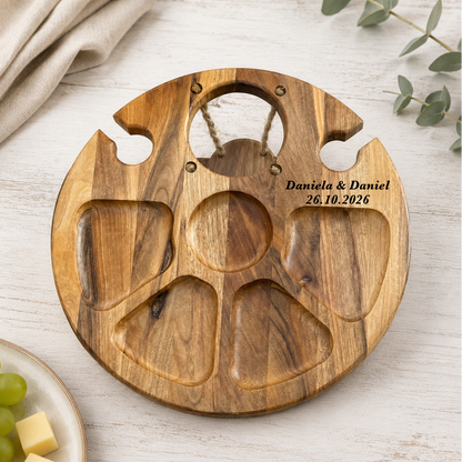 Klappbarer Weintisch aus Walnussholz, rund oder oval, für zwei Gläser, Weinflasche und Snacks.