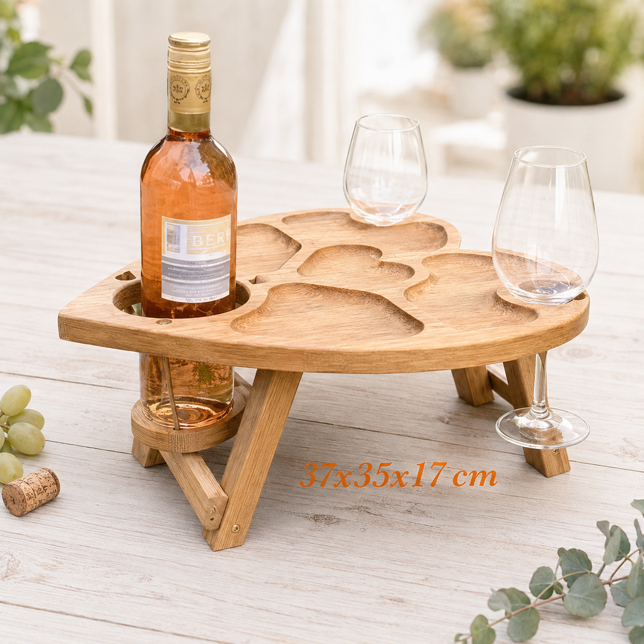 Weinbar aus Eiche – klappbarer Picknicktisch mit Flaschenhalter & 2 Glashaltern, Geschenk für Paare