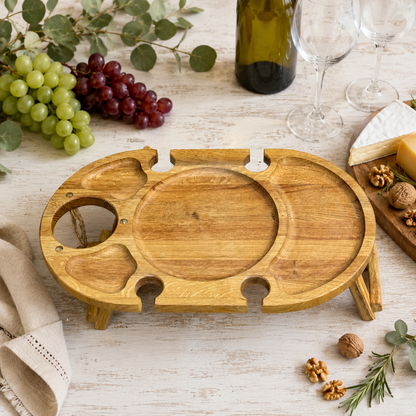 Weinabend auf 50 × 30 cm – Weintisch für 4 Gläser aus Eiche, Picknicktisch mit Flaschenhalter