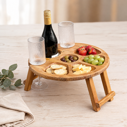 Klappbarer Weintisch aus Kirschbaumholz für eine Flasche und zwei Gläser, Picknicktisch, Couchbar, Campingtisch Wein, Strandtisch
