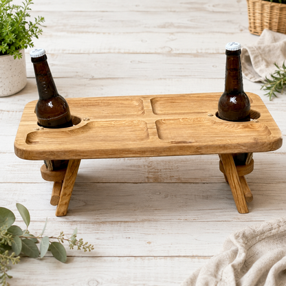 Biertisch, Campingtisch aus Eichenholz klappbar – mit 2 Flaschenhaltern und Snackfächern