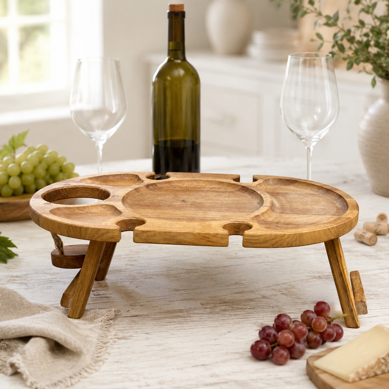 Weinabend auf 50 × 30 cm – Weintisch für 4 Gläser aus Eiche, Picknicktisch mit Flaschenhalter