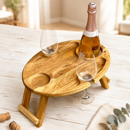 Klappbarer Weintisch aus Eichenholz für 2 Gläser – Picknicktisch mit hängendem Flaschenhalter, Geschenk für Weinliebhaber