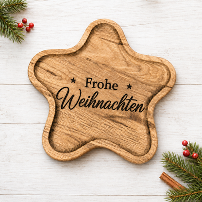 Holzteller Stern – Servierbrett aus Eiche 30 cm – Weihnachtliche Snackplatte für Plätzchen, Nüsse, Pralinen, Käse.