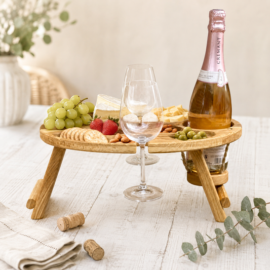 Klappbarer Weintisch aus Eichenholz für 2 Gläser – Picknicktisch mit hängendem Flaschenhalter, Geschenk für Weinliebhaber