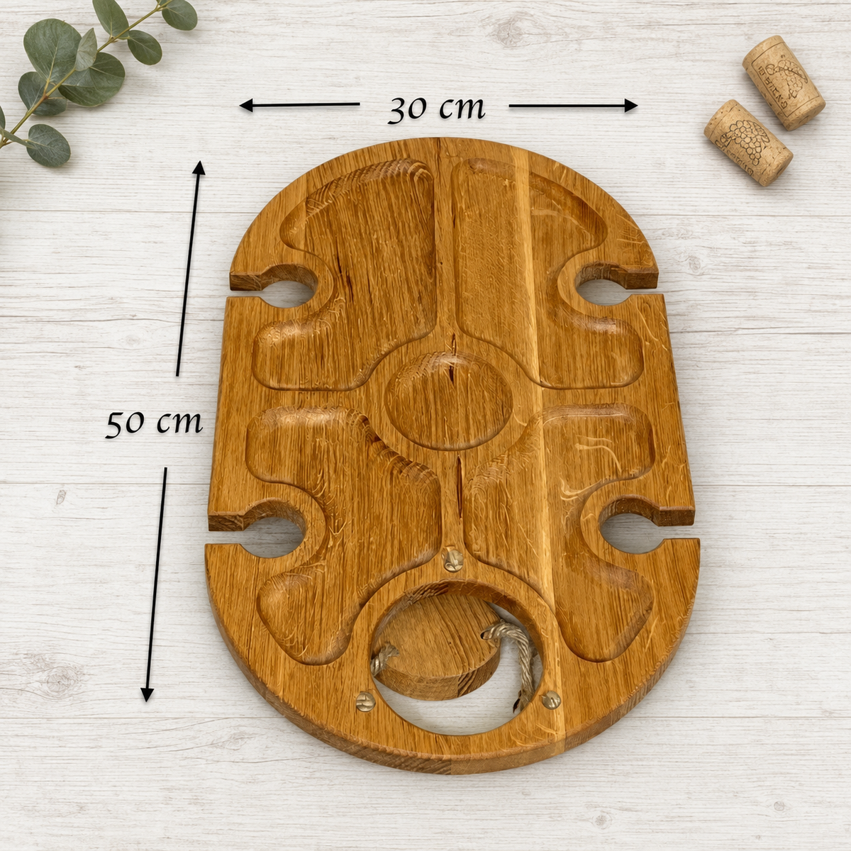 Klappbarer Weintisch aus Eiche für 4 Gläser – Picknicktisch & Serviertablett mit hängendem Flaschenhalter