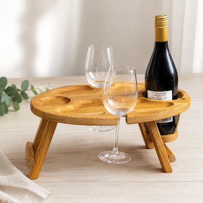 Klappbarer Weintisch aus Kirschbaumholz für eine Flasche und zwei Gläser, Picknicktisch, Couchbar, Campingtisch Wein, Strandtisch