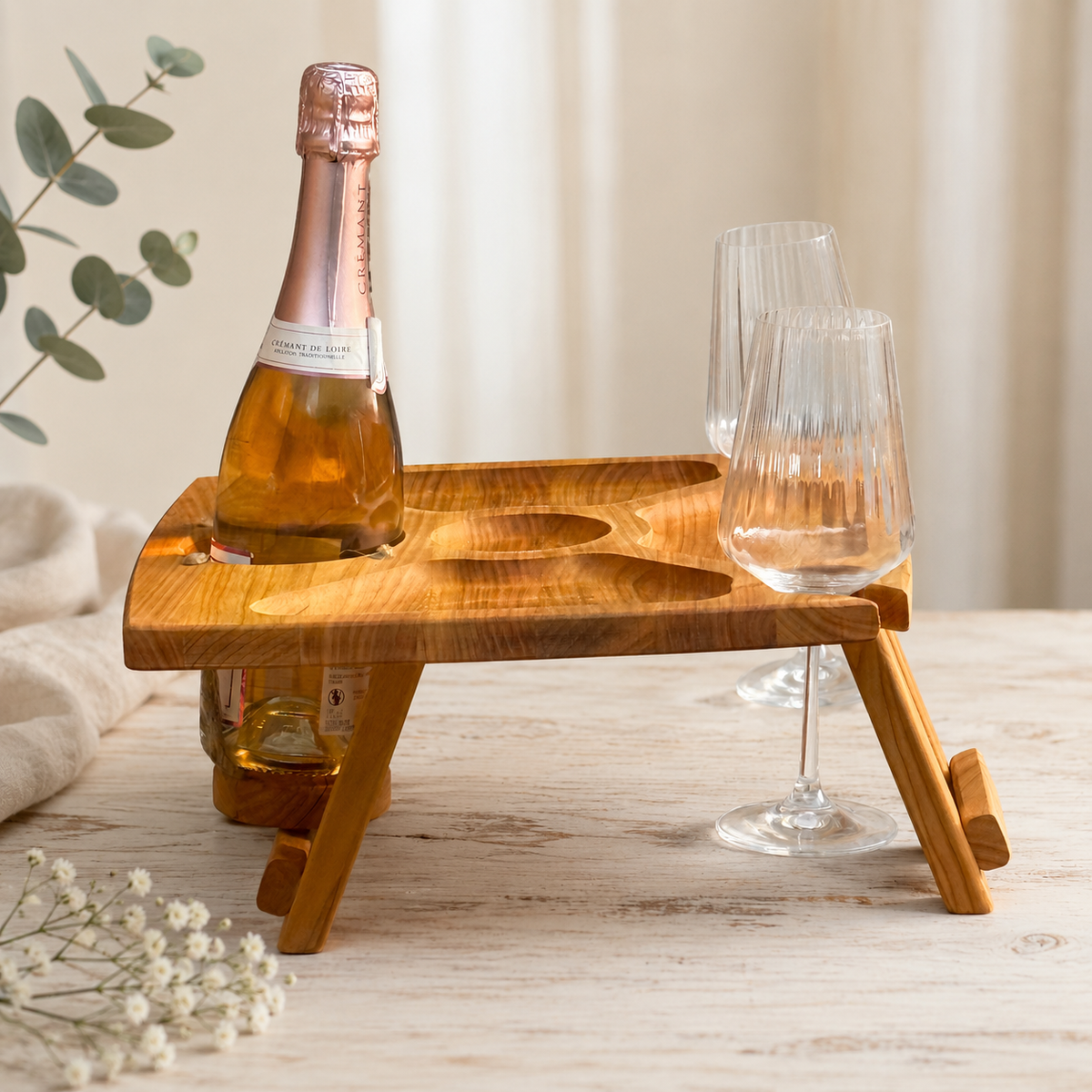 Klappbarer Weintisch aus Kirschbaumholz für eine Flasche und zwei Gläser, Picknicktisch, Couchbar, Campingtisch Wein, Strandtisch