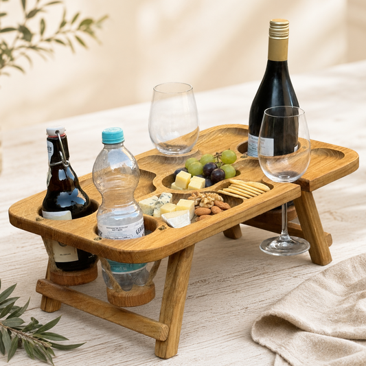 Klappbare Picknick-Bar aus Eiche – Getränketisch für 3 Flaschen oder Dosen, 2 Weingläser & Snacks