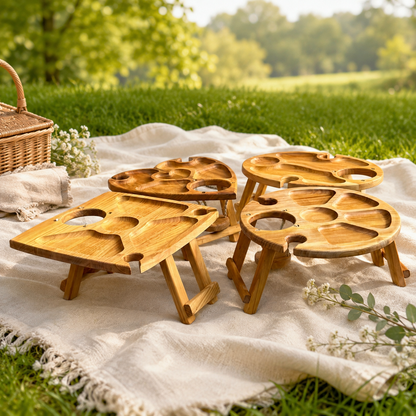 Klappbarer Weintisch aus Kirschbaumholz für eine Flasche und zwei Gläser, Picknicktisch, Couchbar, Campingtisch Wein, Strandtisch