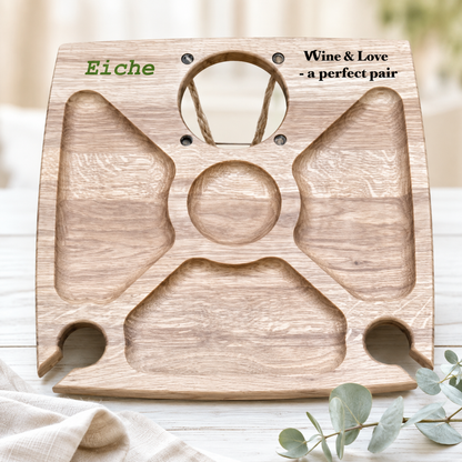 Klappbarer Weintisch für 2 Gläser & Flasche – Picknicktisch aus Edelholz mit Snackfächern