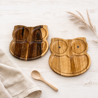 Kinderteller Eule, Servierbrett aus Holz – Eiche oder Walnuss